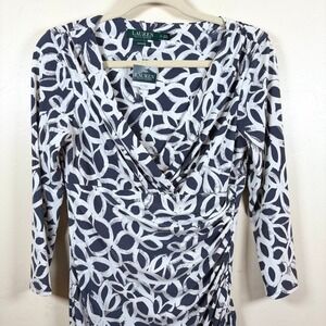 Lauren Ralph Lauren Faux Wrap Midi Dress Sz 8 Gray White Floral Stretch Classic